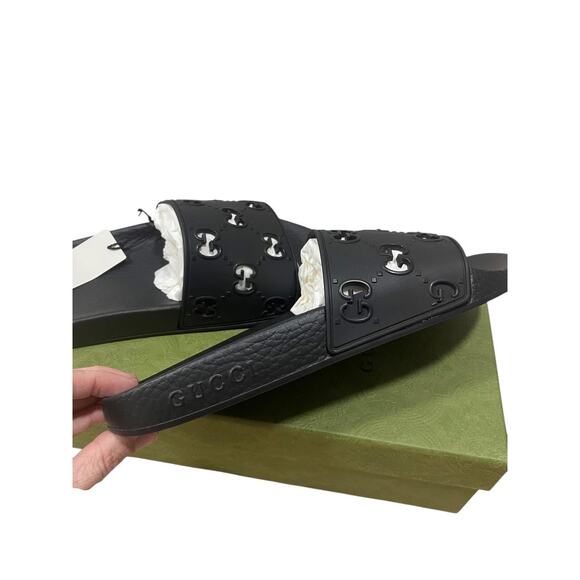 Gucci Womens Rubber Black Cut Out GG Pool Slide Sandals 8 38 - Picture 3 of 6